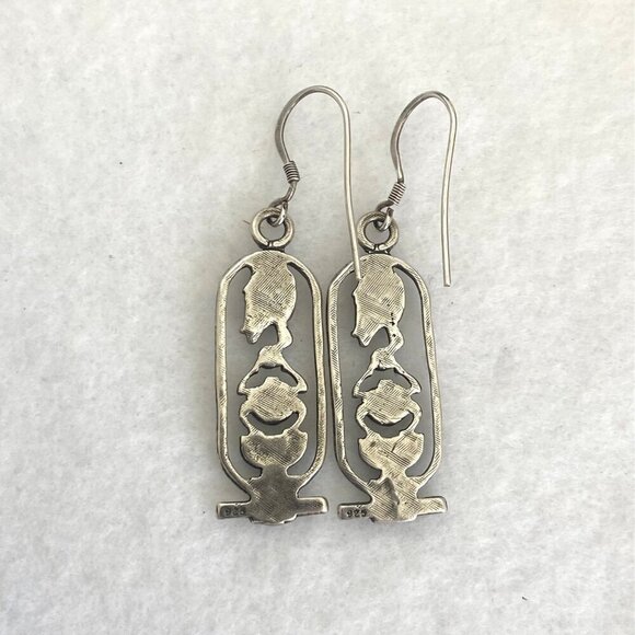 Sterling Silver 925 Egyptian Amulet Hieroglyph Scarab Cartouche Dangle Earrings - Picture 8 of 16